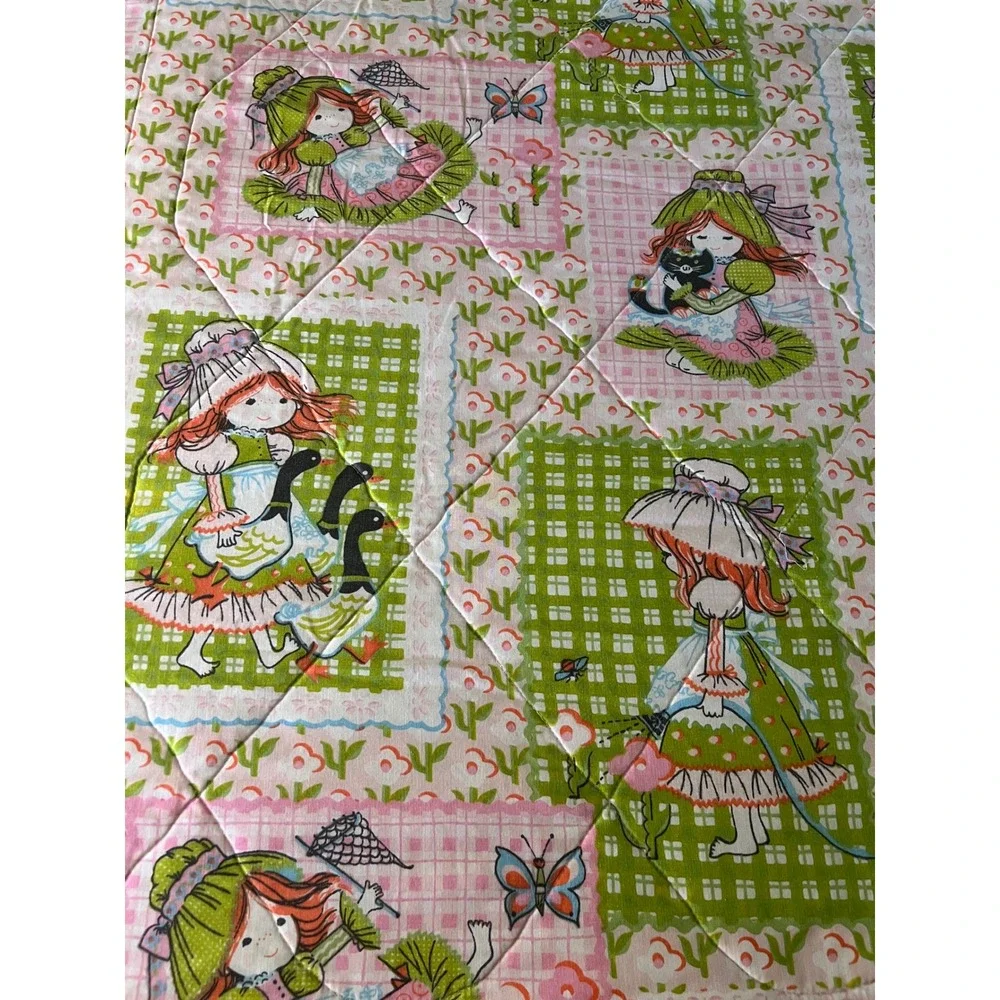 Vintage Holly Hobbie Style Quilt Bedspread Pink Green Floral 78x78 Cottagecore